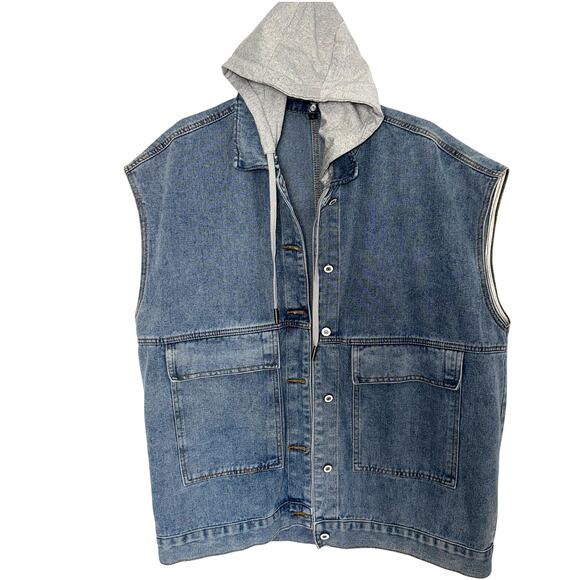 Baggy Oversized Denim Vest Removable Fleece Hood Sleeveless Jacket - Size XL - Picture 1 of 10